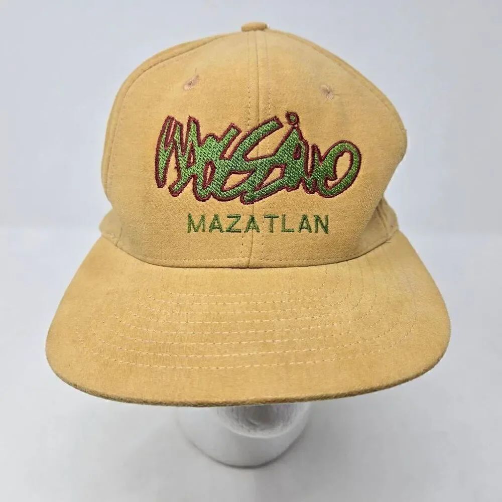 VINTAGE MOSSIMO SOFT TAN GREEN MAZATLAN SPELL OUT MOHR'S SNAPBACK MENS HAT CAP